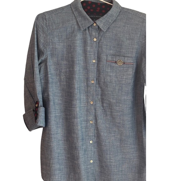 Tommy Hilfiger Button Down Shirt Blue Chambray Roll Tab Sleeve Contrast Medium - Picture 1 of 13